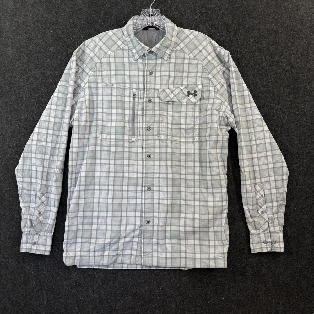 Under Armour Fishing Shirt Men's Medium Gray Plaid Vented HeatGear Hiking